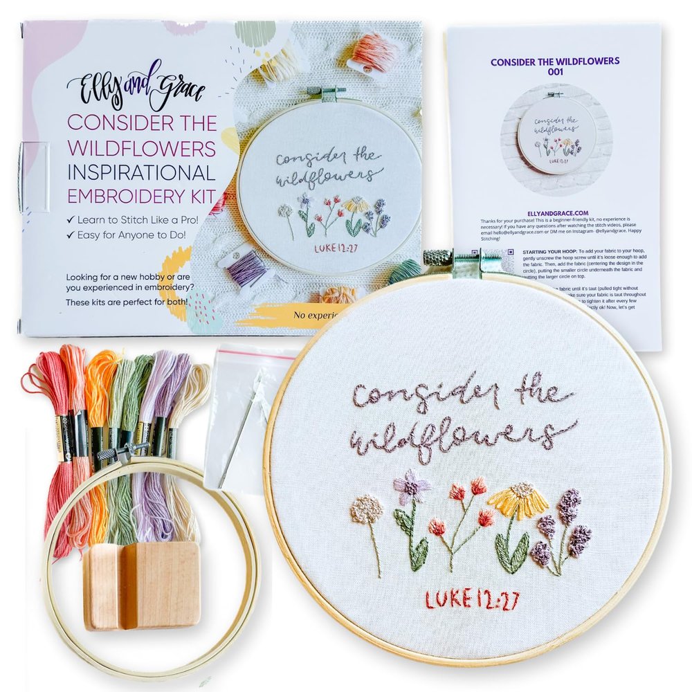 Elly & Grace Christian Embroidery Kit with Embroidery Hoop, Easy Embroidery Kit for Beginners and Adults, Full Embroidery Hoop Kit with Needles and Thread Included (Wildflowers)
