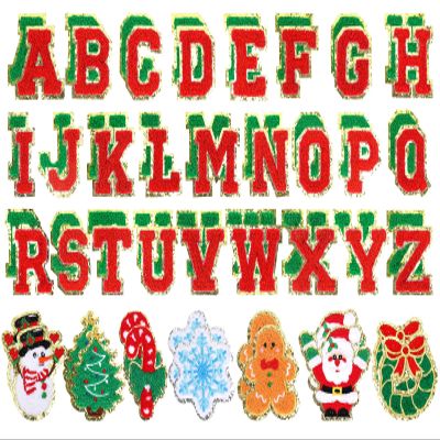 JarThenaAMCS 66Pcs Christmas Chenille Patches Red Green A to Z Letters Santa Snowman Heat Transfer Iron Patches Embroidered Cloth Patches for Clothing Fabric Xmas DIY Crafts
