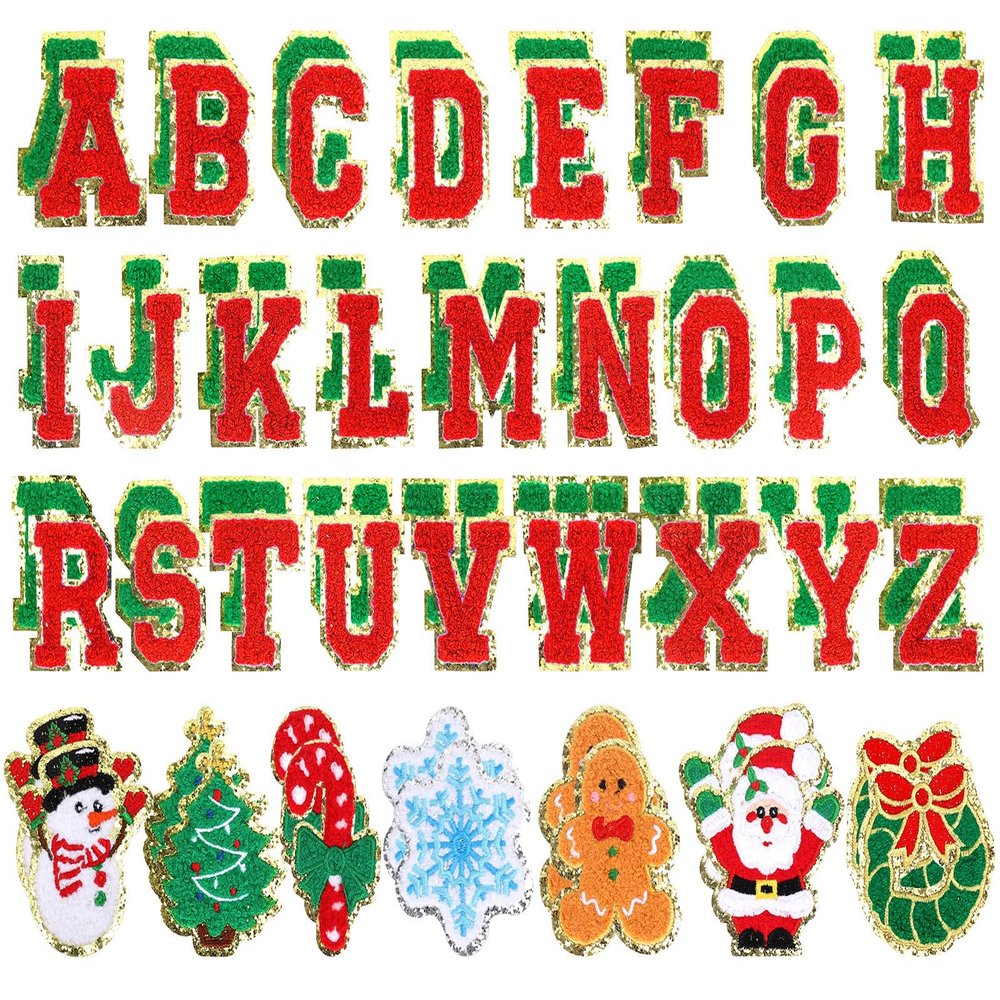 JarThenaAMCS 66Pcs Christmas Chenille Patches Red Green A to Z Letters Santa Snowman Heat Transfer Iron Patches Embroidered Cloth Patches for Clothing Fabric Xmas DIY Crafts