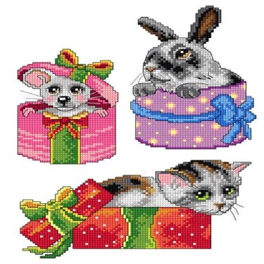 Counted Cross-Stitch Kit on Plastic Canvas with Pets Inside Gifts. 4 Cute Ornaments Different Dimensions 186CS. 14 Count Plastic Canvas Sheets 8.27x11.02 Inches. Ideal for Art & Craft Amateurs