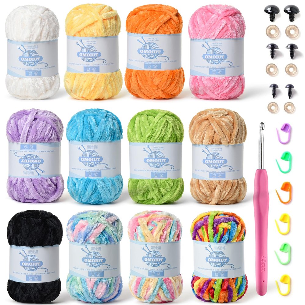 12 Pack 590 (yd) Chunky Chenille Yarn for Crocheting and Hand Knitting with Black Red White Green Yellow Rainbow Plush Velvet YarnBaby Blanket Yarn for Crocheting Soft Amigurumi Yarn
