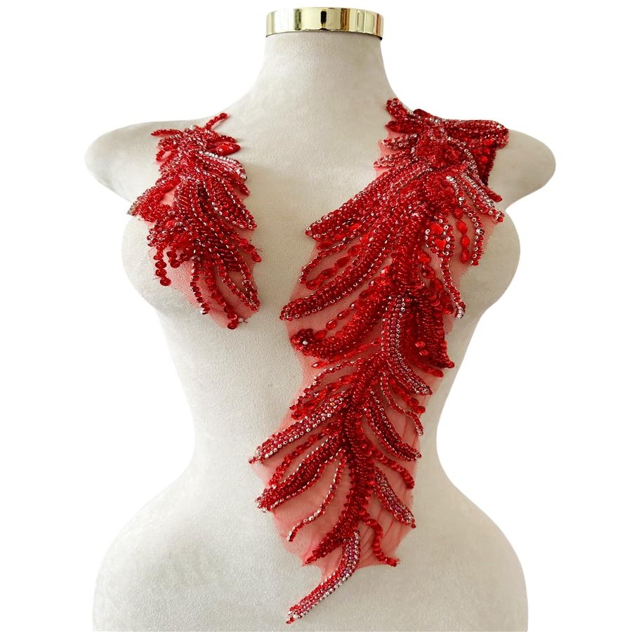 wtbv.n Handmade Crystal on lace Applique Sewing Rhinestones Beads Sequins Patches Trim Luxury Decoration Accessories for Wedding Dress 2PCS/Set 26.3X4.7inches (Red)