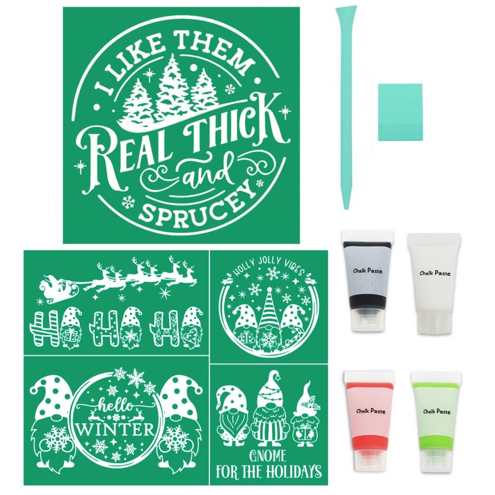 8PCS Christmas Tree Silk Screen Stencils,Mini Christmas Chalk Paste for Transfers Stencil Winter Self Adhesive Stencils Reusable for Painting on Wood,Fabric,Home Decor,Chalk Paint Mini Squeegees Set