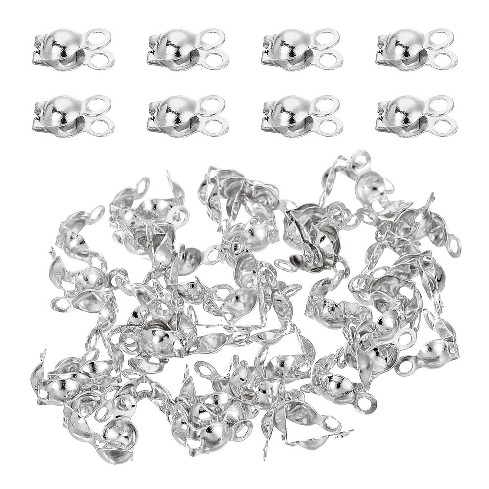 uxcell 180 Pcs 4mm Crimp End Caps, Clamshell Cord End Cap Connector Clasp Bead Tips Knot Covers Calotte End Crimp for DIY Jewelry Making, Silver