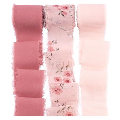 Beadthoven 16.41 Yards Chiffon Silk Ribbon for Gift Wrapping 1-5/8 Rustic Pink Frayed Fringe Chiffon Mixed Color Fabric Ribbon for Wedding Invitations Christmas Wreath Party Favor Bridal Shower
