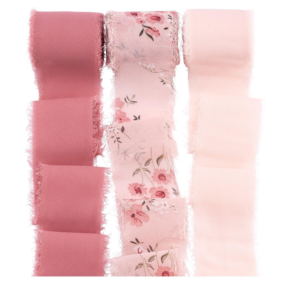 Beadthoven 16.41 Yards Chiffon Silk Ribbon for Gift Wrapping 1-5/8 Rustic Pink Frayed Fringe Chiffon Mixed Color Fabric Ribbon for Wedding Invitations Christmas Wreath Party Favor Bridal Shower