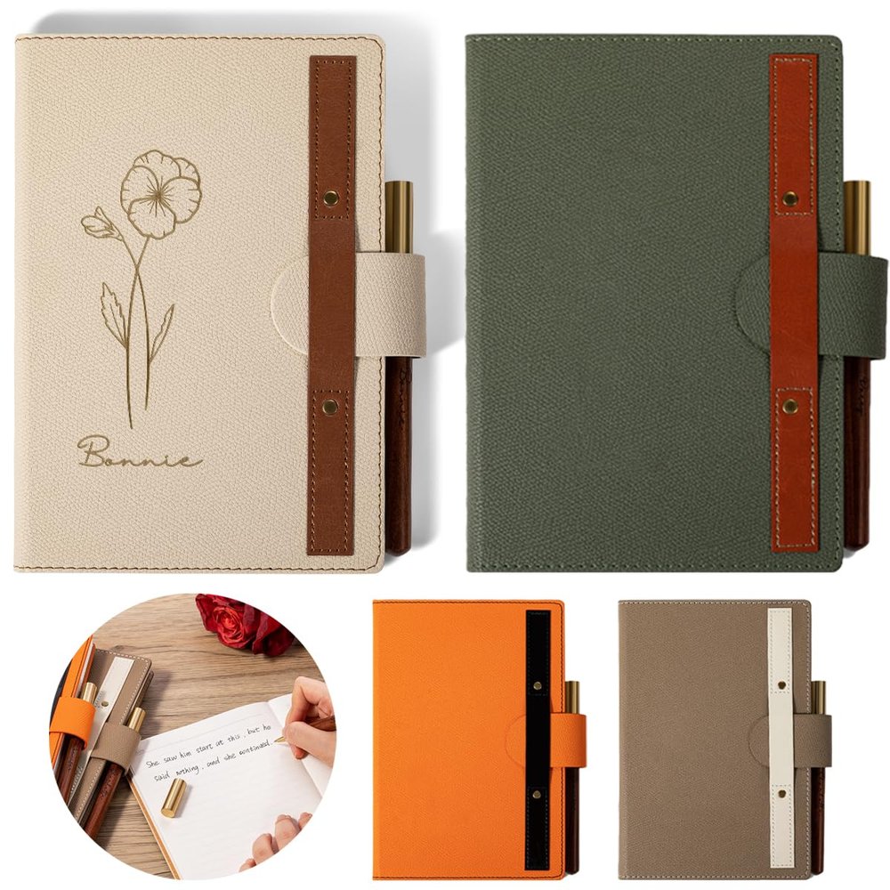 Personalized Journals for Women Custom Notebook Pen Set with Name Birth Flower Leather Journals for Women Birth Flower Journal Engraved Leather Notebook Journal Birth Flower Gifts Teacher Gifts