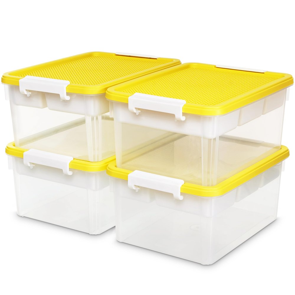Citylife 17 QT Plastic Storage Box with Building Baseplate Lid and Removable Tray Craft Organizers and Storage Clear Storage Container for Organizing Bead, Tool, Sewing, Yellow-4 Packs