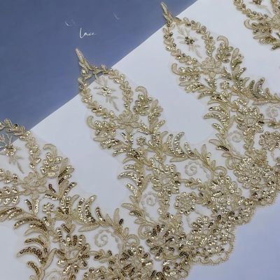 Delicate 1 Yard Gold Sequin Cording Fabric Flower Venise Venice Mesh Lace Trim Applique Sewing Craft For Wedding Dec. 36Cm Wide - (Color: 1 Yard/Size: 01 Yard)