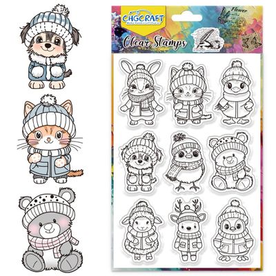 CHGCRAFT Animals Clear Stamps Warm Clothes Transparent Silicone Stamps Rabbits Cats Clear Stamp Seals Winter Theme Silicone Stamps for Card Making Decor Scrapbooking Album Decor Paper DIY Craft