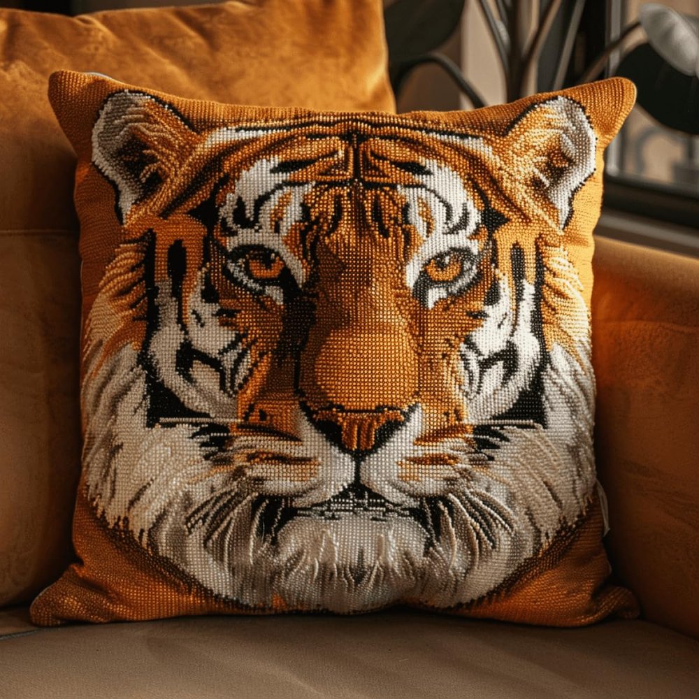 DIY Latch Hook Kits Tiger Animal Latch Hook Cushion Kits Tiger Head Latch Hook Cushion Kit, DIY Pillow Cover Making Craft Printed Canvas for Beginners Embroidery Crafting Pillow 43x43cm