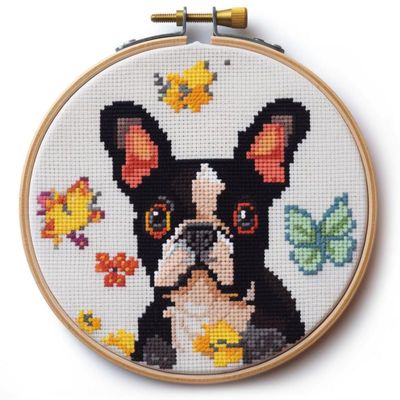 Boston Terrier & Butterfly Cross Stitch Kits with Hoop Easy Pattern Stamped Cross-Stitch Supplies Needlework DIY 11CT 2 Strands Cotton Thread Printed Canvas DIY Needlepoint Kits 3535cm (sg78)