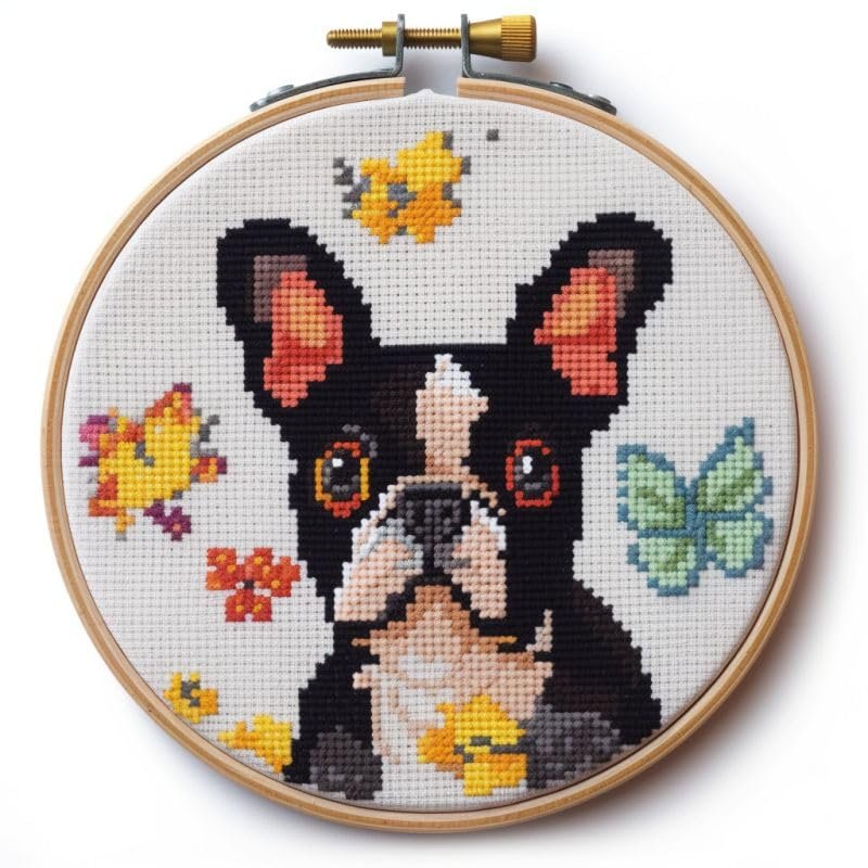 Boston Terrier & Butterfly Cross Stitch Kits with Hoop Easy Pattern Stamped Cross-Stitch Supplies Needlework DIY 11CT 2 Strands Cotton Thread Printed Canvas DIY Needlepoint Kits 3535cm (sg78)