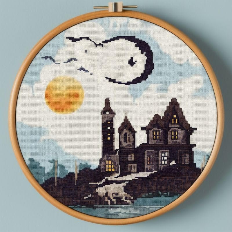 Spooky Castle Cross Stitch Kits with Hoop Easy Pattern Stamped Cross-Stitch Supplies Needlework DIY 11CT 2 Strands Cotton Thread Printed Canvas DIY Needlepoint Kits 3535cm (sg76)