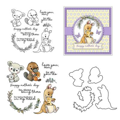 Happy Mother's Day Kangaroo Koala Clear Stamps and Die Cuts Sets for Handmade Card Making Metal Cutting Dies Stencils Scrapbook Kit Embossing Supplies 2024-2025 Seals Template