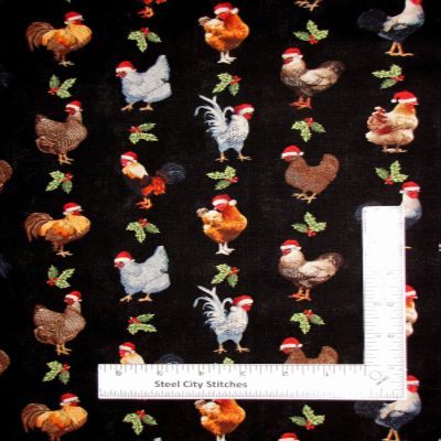FlashPhoenix Quality Sewing Fabric Christmas Rooster Fabric Chicken in Santa Hats Black 100% Cotton by Yard Size: 36" x 44"