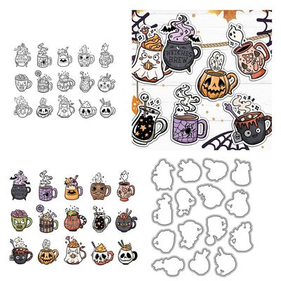 Halloween Ghost Pumpkin Cup Clear Stamps and Die Cuts Sets for Handmade Card Making Metal Cutting Dies Stencils Scrapbook Kit Embossing Supplies 2024-2025 Seals Template