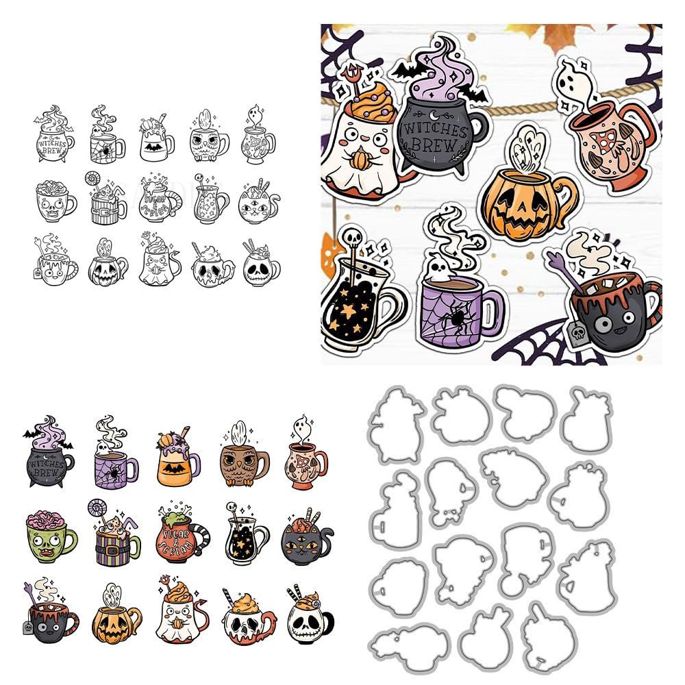 Halloween Ghost Pumpkin Cup Clear Stamps and Die Cuts Sets for Handmade Card Making Metal Cutting Dies Stencils Scrapbook Kit Embossing Supplies 2024-2025 Seals Template
