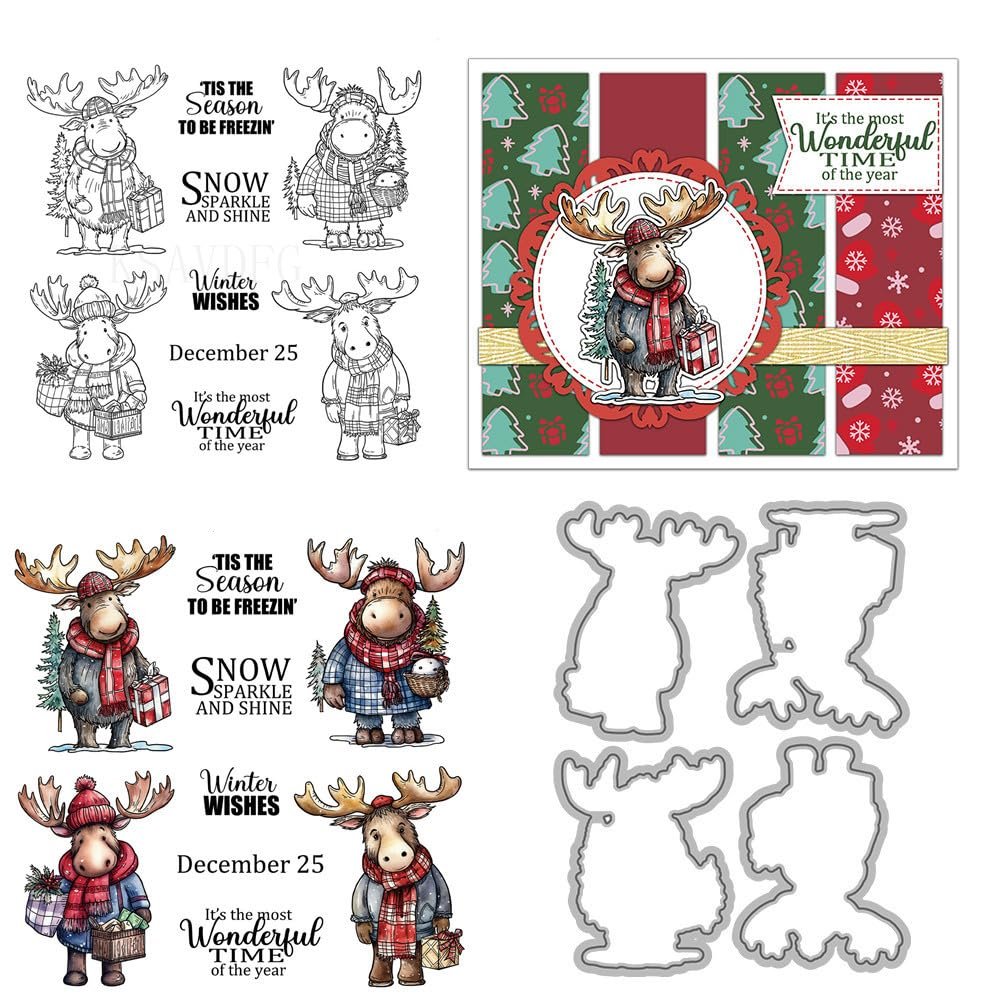 Christmas Hippopotamus Deer Antlers Clear Stamps and Die Cuts Sets for Handmade Card Making Metal Cutting Dies Stencils Scrapbook Kit Embossing Supplies 2024-2025 Seals Template