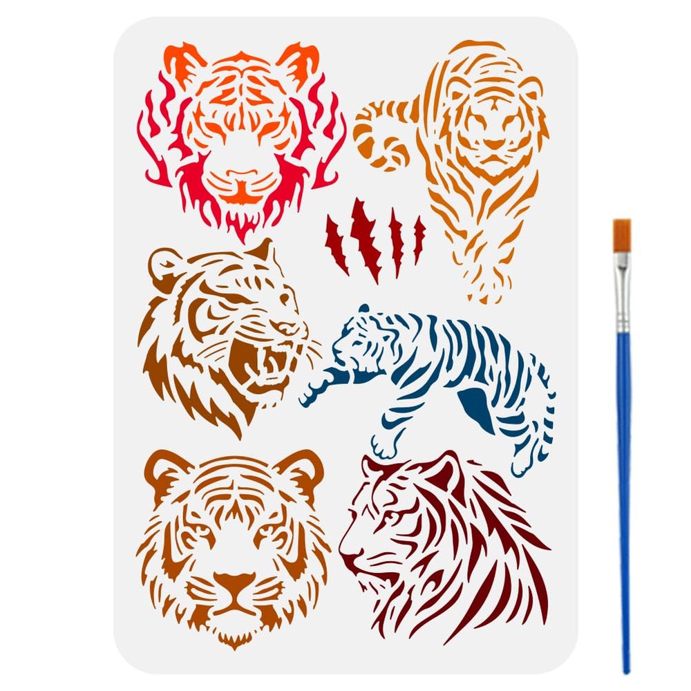 FINGERINSPIRE Tiger Motif Stencil with a Paint Brush 8.3x11.7inch Flaming Tiger Head Stencil Hunting Tiger Painting Stencil Leaping Tiger Silhouette Templates for Wall Tiles Floor Paper Furniture