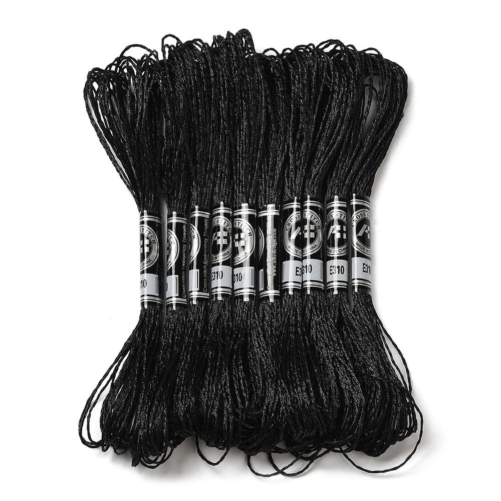 CABODYALS 10 Skeins Black Polyester Embroidery Floss Metallic Shimmer Cross Stitch Thread Gold Silver Glitter Floss Bulk for Sewing Making Friendship Bracelet Weaving Knitting Needlepoint Handcraft
