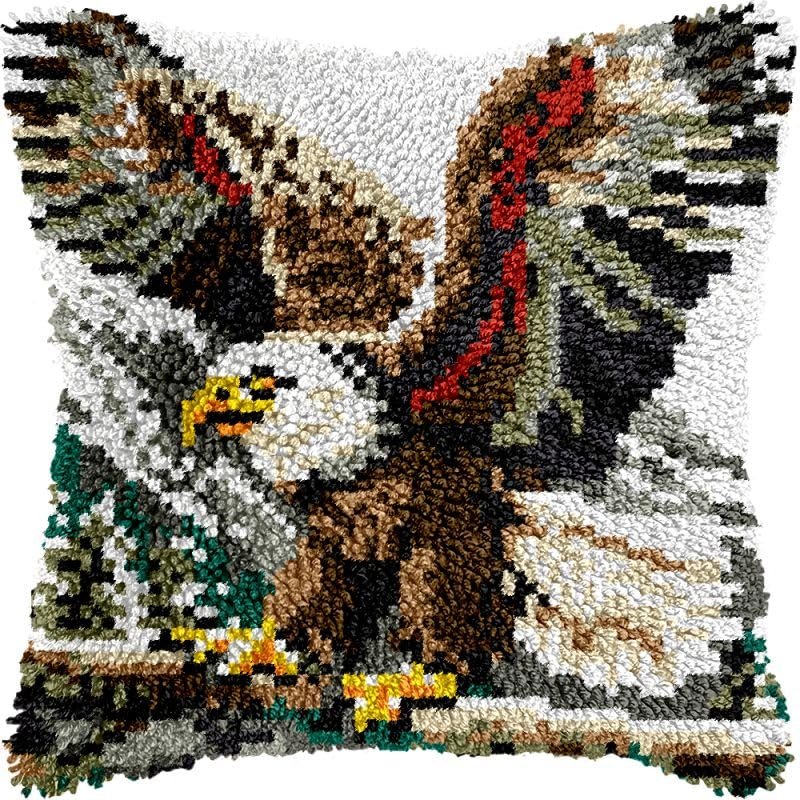 Flying Eagle Latch Hook Pillows Kits Cushion Pillow Cover with Pattern Printed Canvas Sofa Crafts Adults Embroidery Cross Stitch Making Hooking Crochet Kits 17x17 inch(168)