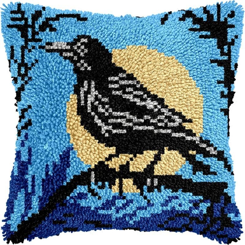 Crow & Moon Latch Hook Pillows Kits Cushion Pillow Cover with Pattern Printed Canvas Sofa Crafts Adults Embroidery Cross Stitch Making Hooking Crochet Kits 17x17 inch(76)