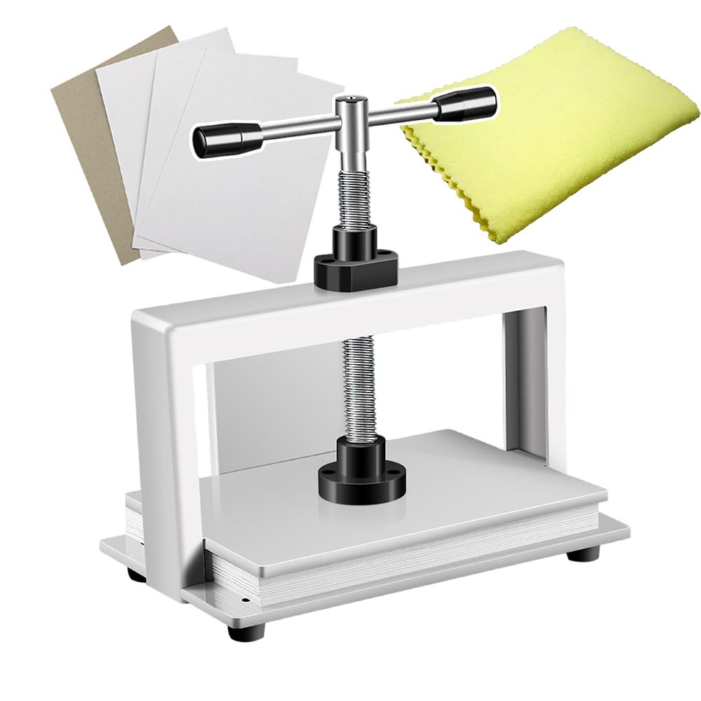 pedenencelia Manual Paper Press Machine,Bookbinding Notes Office Invoice Steel Flattening Machine,for A4/A3 Sized Papers,1500kg Pressure,8mm Metal Plate,for Flattening Cloth,Books,Stamps,A3