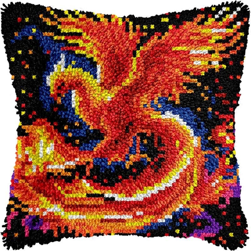 Red Phoenix Bird Latch Hook Pillows Kits Cushion Pillow Cover with Pattern Printed Canvas Sofa Hooking Pillows Crafts Embroidery Latching Hooking Crochet Kits 17x17 inch(213)