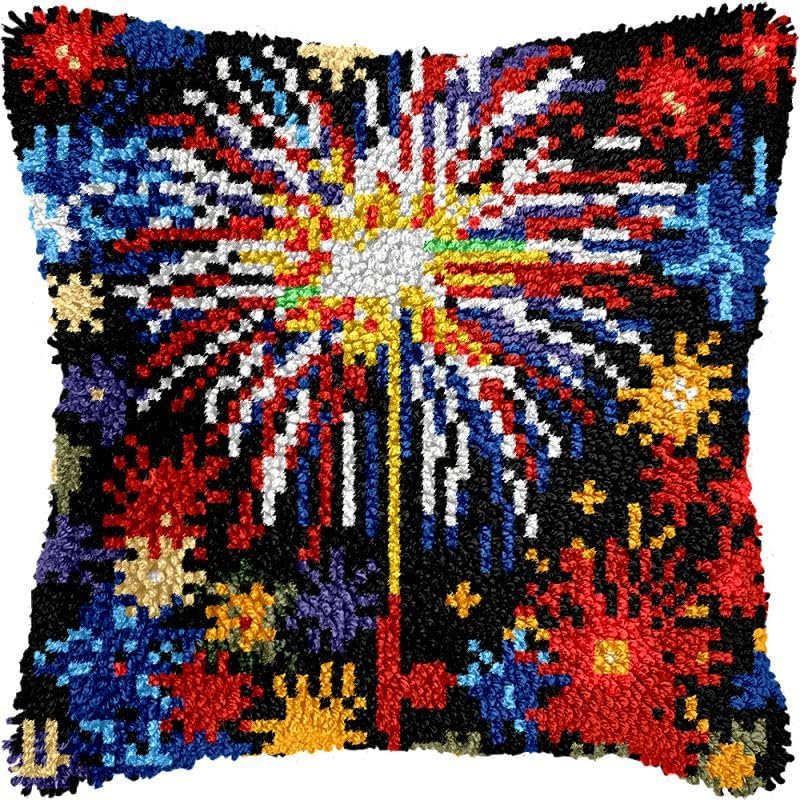 Fireworks Latch Hook Pillows Kits Cushion Pillow Cover with Pattern Printed Canvas Sofa Hooking Pillows Crafts Embroidery Latching Hooking Crochet Kits 17x17 inch(137)