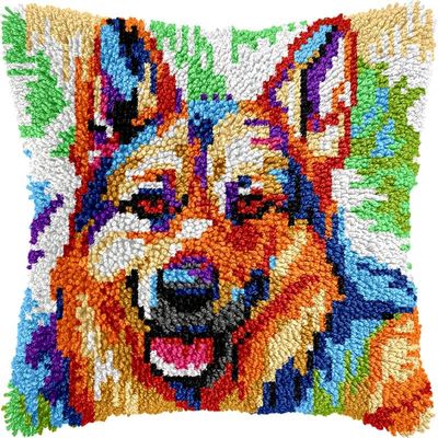 German Shepherd Latch Hook Pillows Kits Cushion Pillow Cover with Pattern Printed Canvas Sofa Hooking Pillows Crafts Embroidery Latching Hooking Crochet Kits 17x17 inch(33)