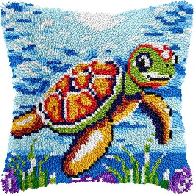 Sea Turtle Latch Hook Pillows Kits Cushion Pillow Cover with Pattern Printed Canvas Sofa Hooking Pillows Crafts Embroidery Latching Hooking Crochet Kits 17x17 inch(115)