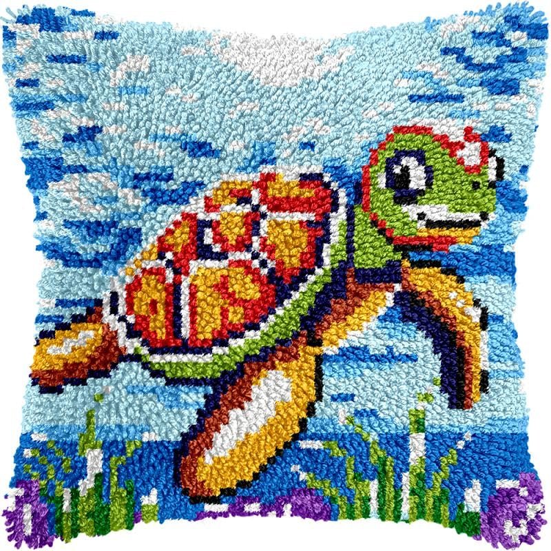 Sea Turtle Latch Hook Pillows Kits Cushion Pillow Cover with Pattern Printed Canvas Sofa Hooking Pillows Crafts Embroidery Latching Hooking Crochet Kits 17x17 inch(115)