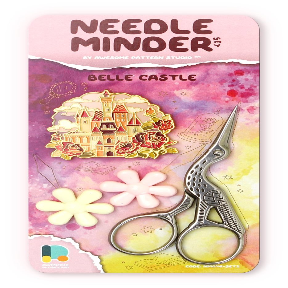 Awesome Pattern Studio Needle Minder Set - Belle Castle Magnetic Needle Minder + 2 Needle Threaders + Crane Scissors. Enamel Pin for Cross Stitch, Embroidery and Craft