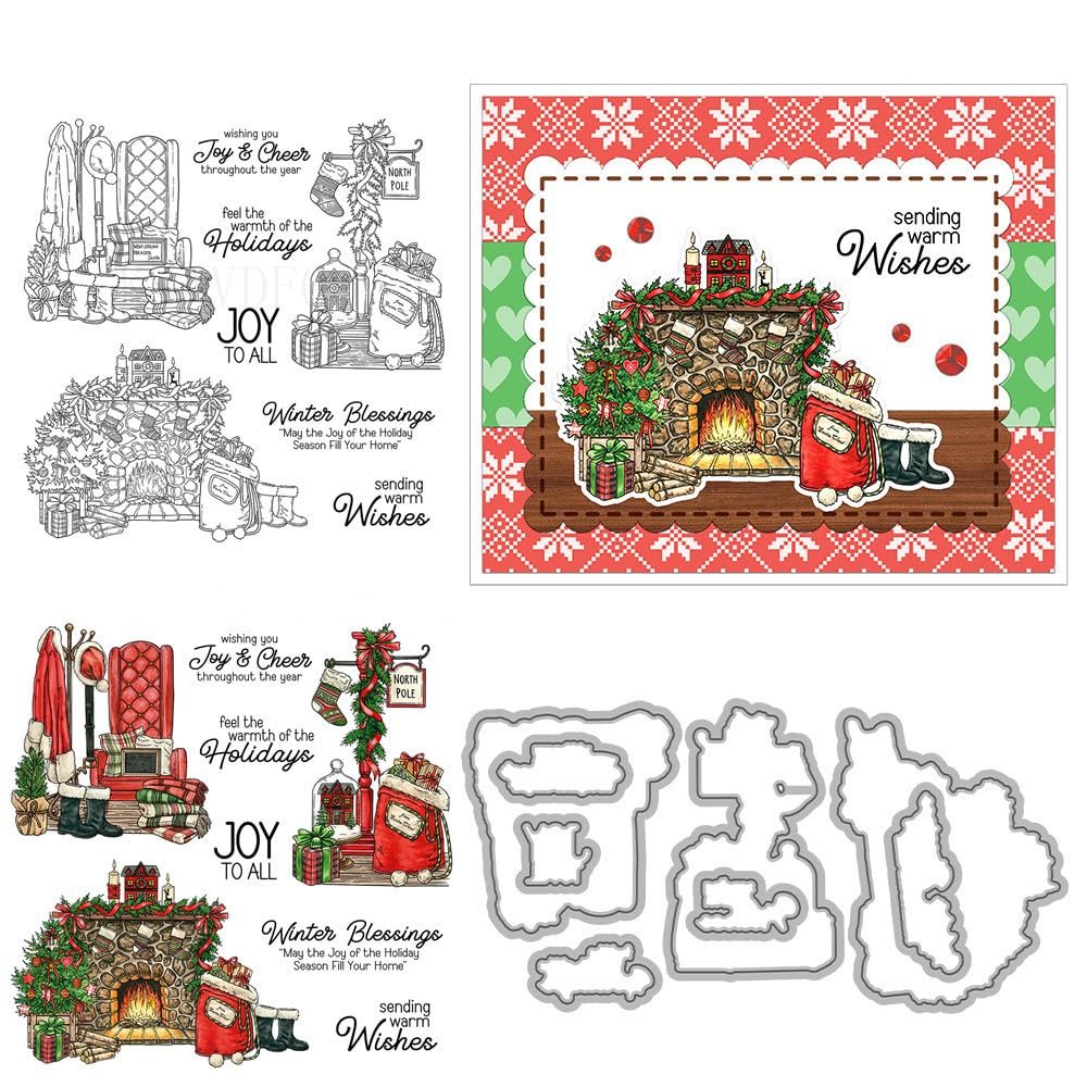 Christmas Sofa Fireplace Clear Stamps and Die Cuts Sets for Handmade Card Making Metal Cutting Dies Stencils Scrapbook Kit Embossing Supplies 2024-2025 Seals Template