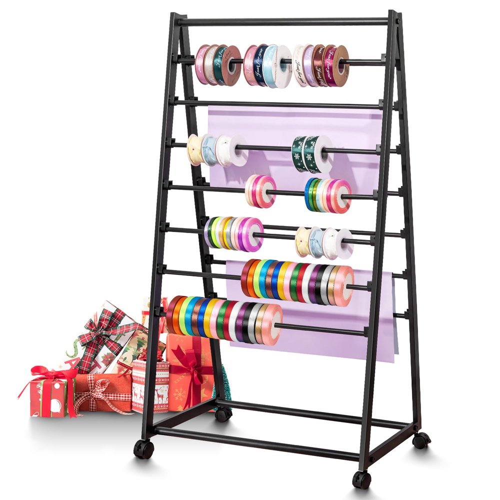 POIUNA Ribbon Organizer, 15 Tier Metal Wire Spool Rack, Double-Sided Christmas Gift Wrapping Organizer Storage Ribbon Storage Rack for Craft Cake Shop Flower Store,Tie Scarf Rack Belt Towel Holder