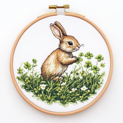 Cross Stitch Kits Counted Kit Cross-Stitching Pattern for Home Decor, 11CT Pre-Printed Fabric Embroidery Crafts Needlepoint Kit Canvas 13.7 x13.7 inches (35x35cm)-Animal Rabbit Clover (V) 4