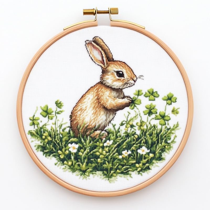 Cross Stitch Kits Counted Kit Cross-Stitching Pattern for Home Decor, 11CT Pre-Printed Fabric Embroidery Crafts Needlepoint Kit Canvas 13.7 x13.7 inches (35x35cm)-Animal Rabbit Clover (V) 4