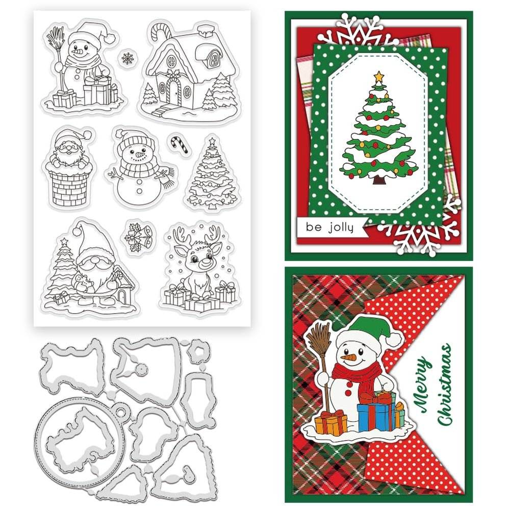 INFUNLY Christmas Clear Stamps and Die Cut for Card Making Winter Snowman Rubber Stamps Santa Claus Silicone Stamps and Die Xmas Tree Transparent Stamps for Holiday DIY Scrapbooking Photo Album Decor