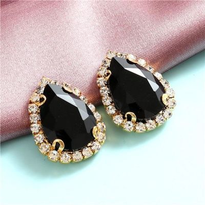 Colorful Teardrop Glass Sew-On Rhinestones with Golden Bottom - Flatback Crystal Stones in 4 Sizes for DIY Clothing Accessories - (Color: Black/Size: 7X10Mm - 10Pcs)