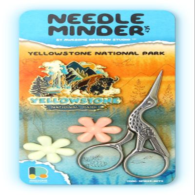 Awesome Pattern Studio Needle Minder Set - Yellowstone Magnetic Needle Minder + 2 Needle Threaders + Crane Scissors. Enamel Pin for Cross Stitch, Embroidery and Craft