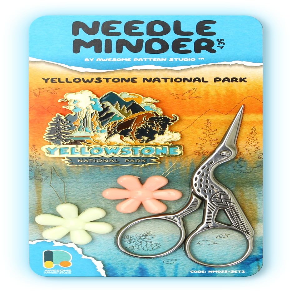 Awesome Pattern Studio Needle Minder Set - Yellowstone Magnetic Needle Minder + 2 Needle Threaders + Crane Scissors. Enamel Pin for Cross Stitch, Embroidery and Craft