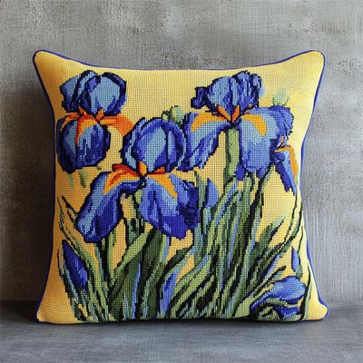 Walluminati Stamped Cross Stitch Pillow Kits, Blue iris 11CT Cross Stitch Cushion Cover Embroidery Kit Pillow Cases Counted Needlepoint Handmade Cushion Cover for Home Decor 18x18inch