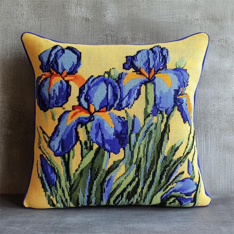 Walluminati Stamped Cross Stitch Pillow Kits, Blue iris 11CT Cross Stitch Cushion Cover Embroidery Kit Pillow Cases Counted Needlepoint Handmade Cushion Cover for Home Decor 18x18inch