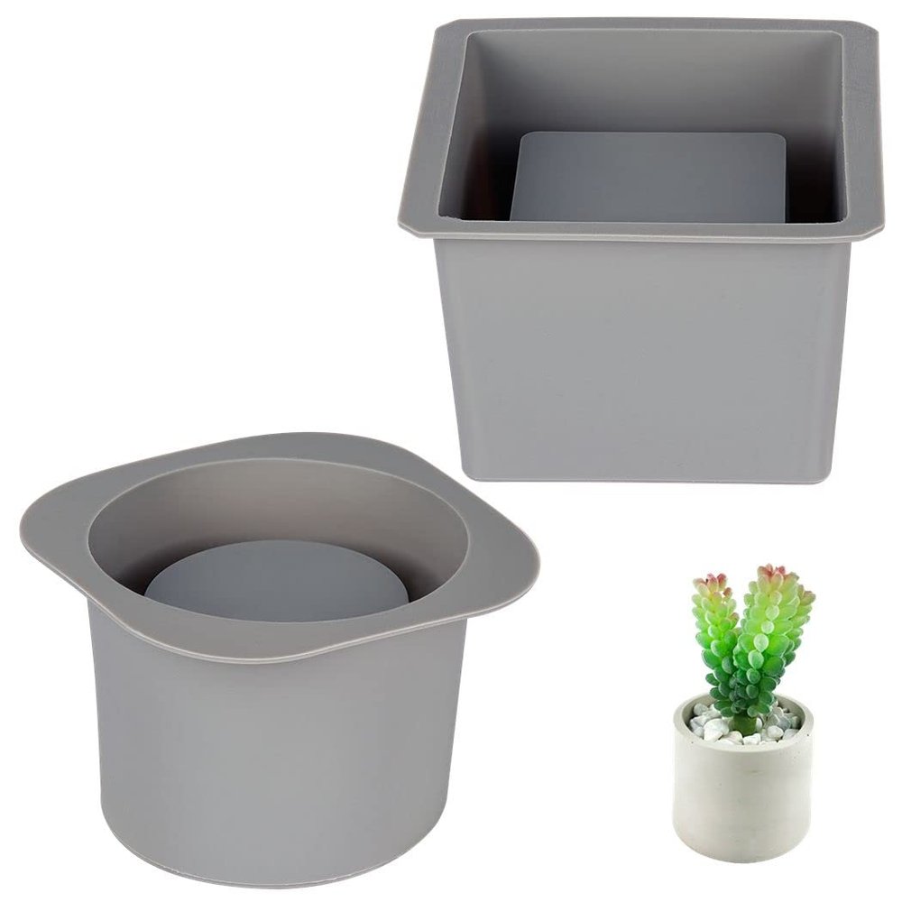 byepica 2Pcs Concrete Silicone Molds - DIY Succulent Pot Molds, Round & Square for Plant Pots