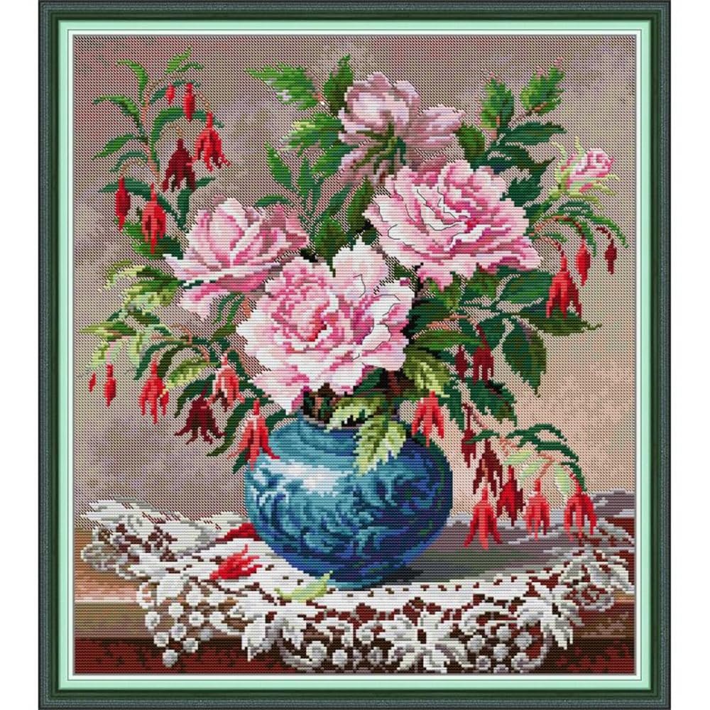 JOYSEWING Cross Stitch Kits Flower Classic Series Stamped Embroidery Starter Sets for Beginners DIY Home Decoration 11CT-Oil Painting Printed (Roses and Fuchsia(11CT) 16.9318.5 inches)