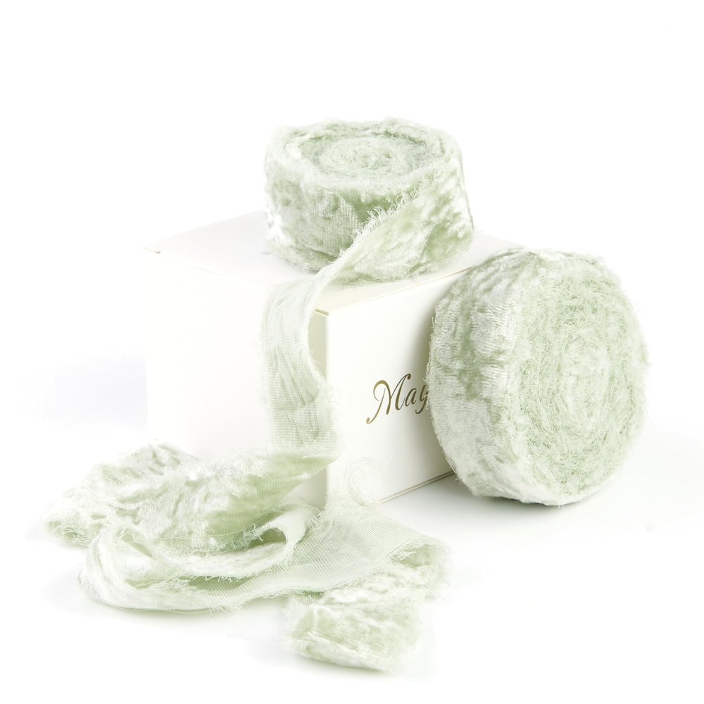 MAYREEL 1 Inch Sage Green Crushed Velvet Ribbon Frayed Edge Hand Torn Fringe for Bridal Bouquets Invitations Vow Books Gift Baskets Hair Bows 6 Yards