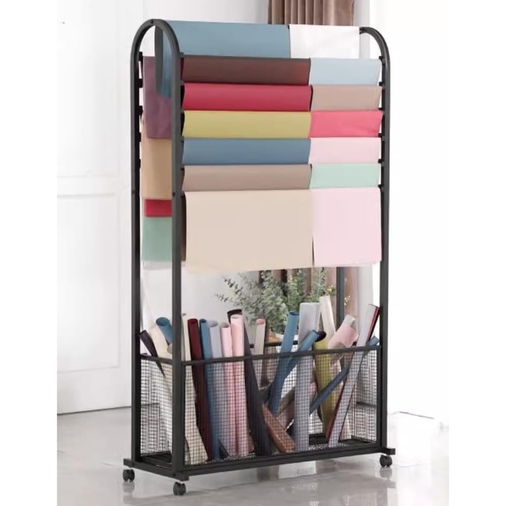 Craft Room Organiser Display Display Stand Large Metal Ribbon Rack with Wheels, 140cm Tall Scarf Ribbon Satin Rack, Roll Storage/Gift Warp Paper Organizer Holder, Spools Dispenser Movable Cart(Black,1