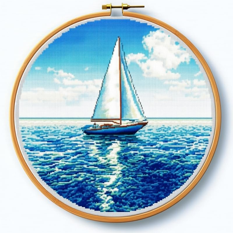 Cross Stitch Kits Counted Kit Cross-Stitching Pattern for Home Decor, 11CT Pre-Printed Fabric Embroidery Crafts Needlepoint Kit Canvas 13.7 x13.7 inches (35x35cm)- Sea, Sailing (M) 2