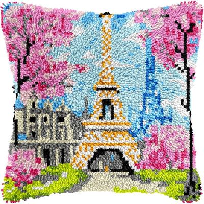 Blooming Eiffel Tower Latch Hook Pillows Kits Cushion Pillow Cover with Pattern Printed Canvas Sofa Hooking Pillowcase Crafts Embroidery Latch Hooking Crochet Kits Set 17x17 inch(1)